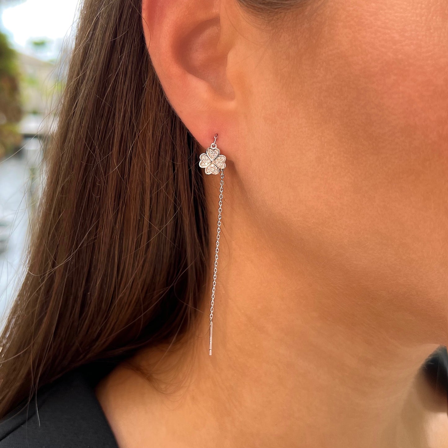 Clover threader earrings with CZ diamonds - Sterling silver 925