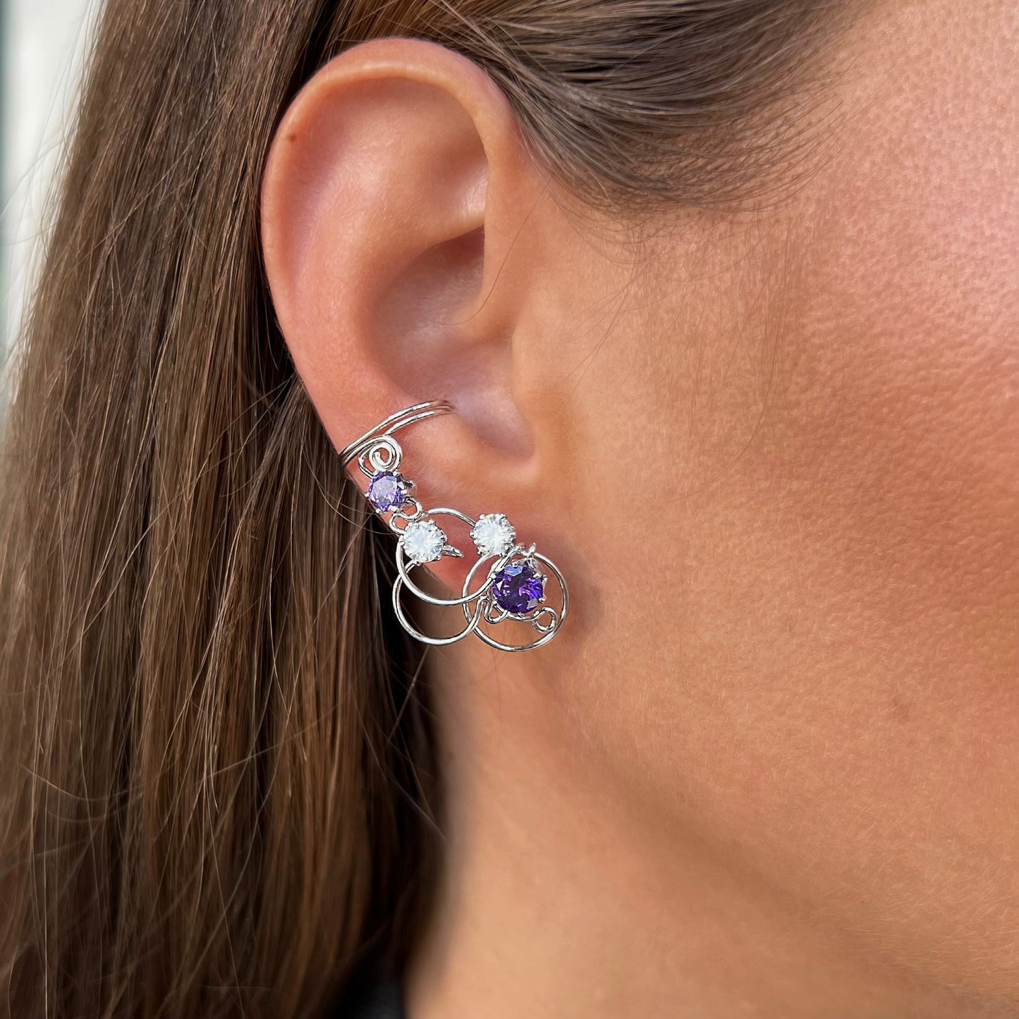 Curved non pierced ear cuffs with CZ diamonds - Sterling silver 925