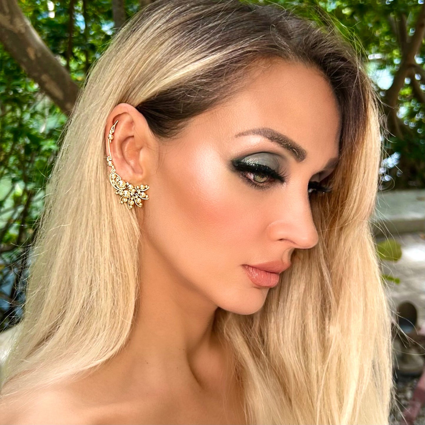 Luna ear climbers with gold beads - 14K Gold