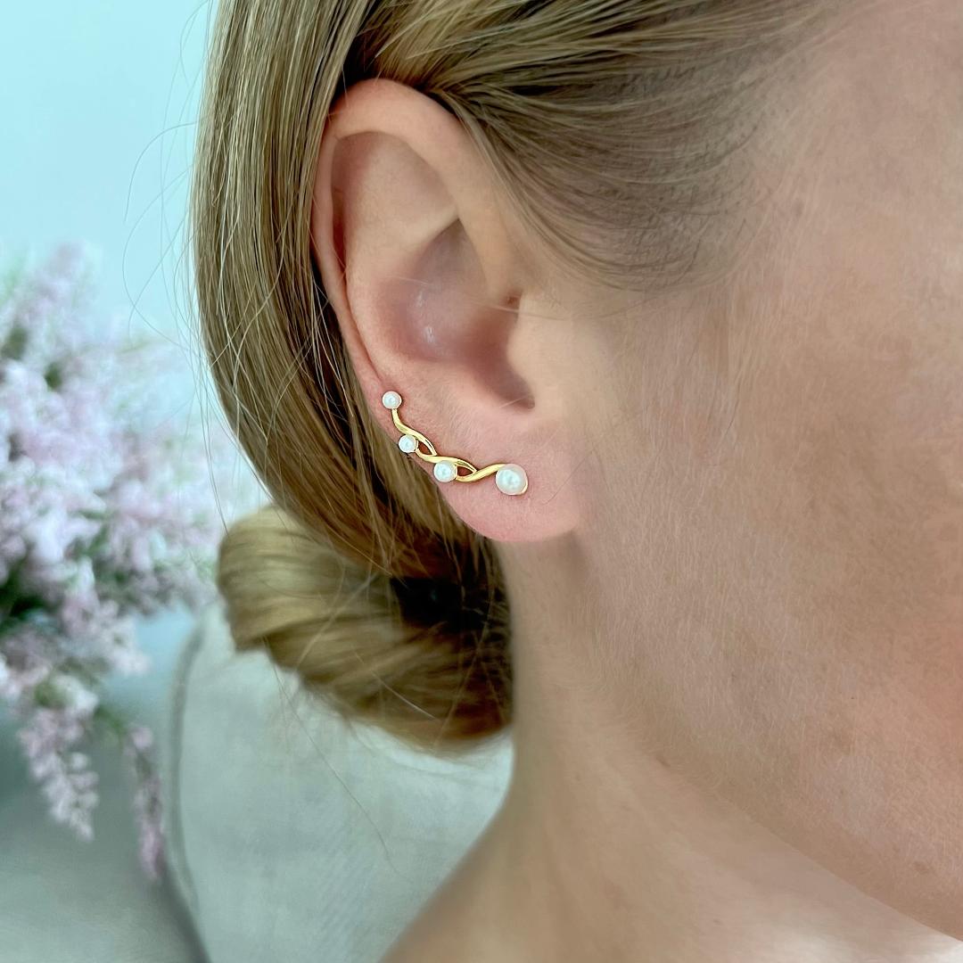 Pendientes trepadores infinito oro perla con diamantes simulados - Plata de ley 925