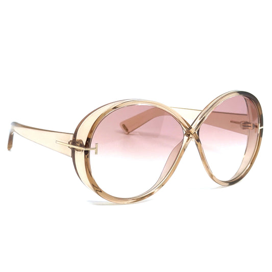 Close-up of Tom Ford Edie-02 TF1116 45T sunglasses featuring transparent light brown acetate frame and rich gradient Bordeaux lenses with floating oval design
