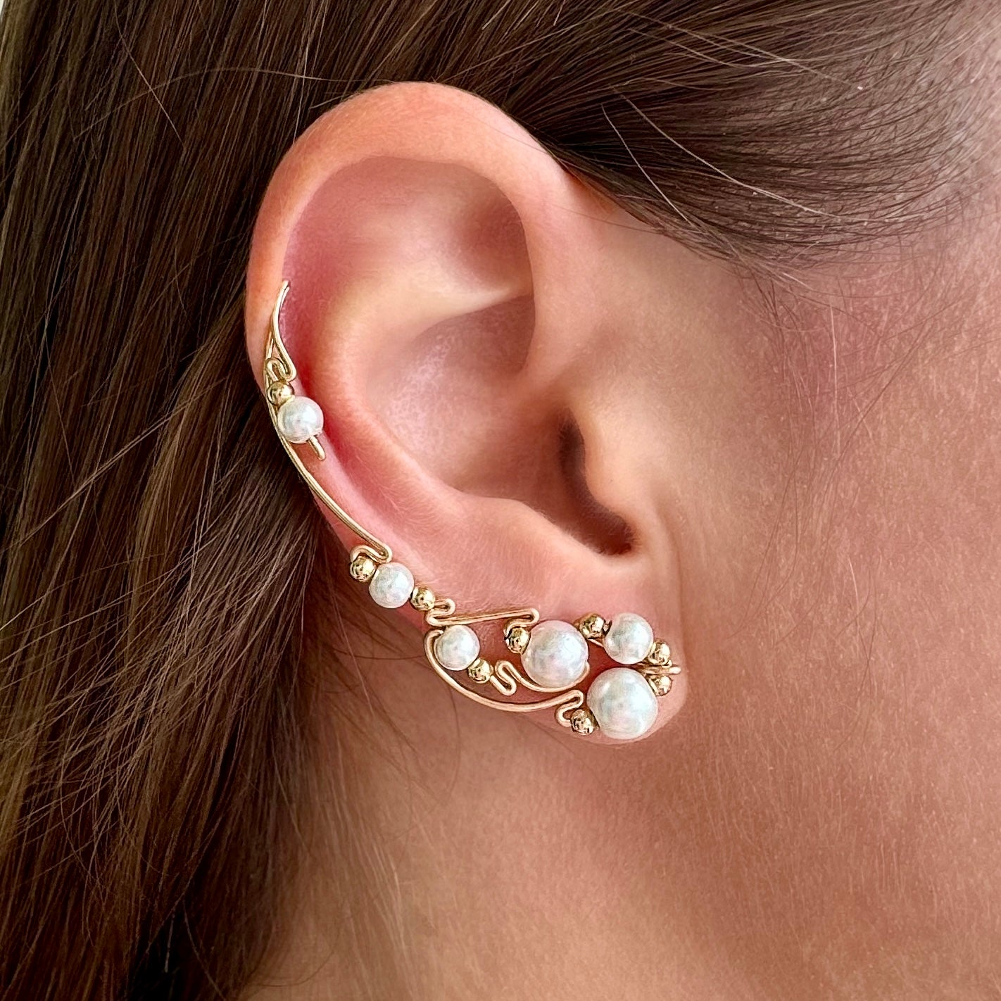 Vine ear climbers with pearls  -  14K Gold