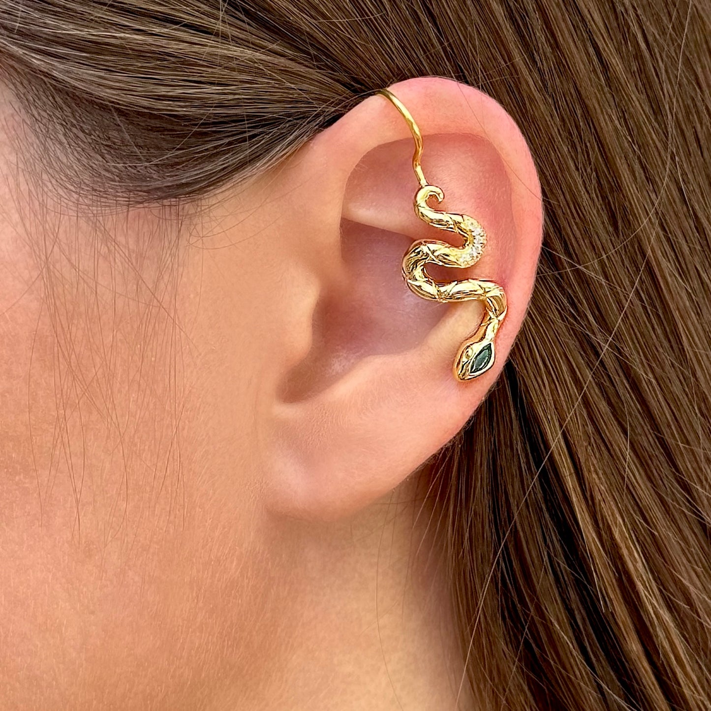 Snake non-pierced ear cuff with CZ diamonds -  Gold