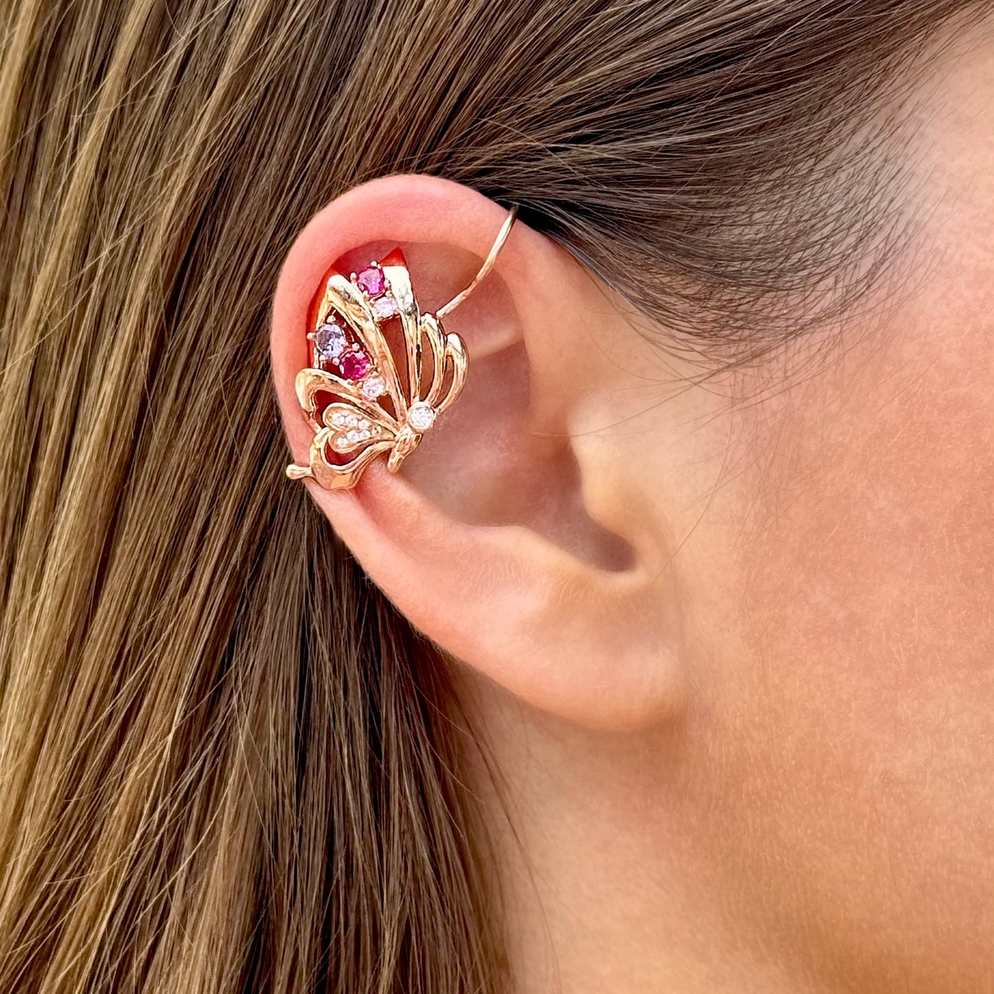 Butterfly  non-pierced ear cuff with CZ diamonds -  Rose Gold