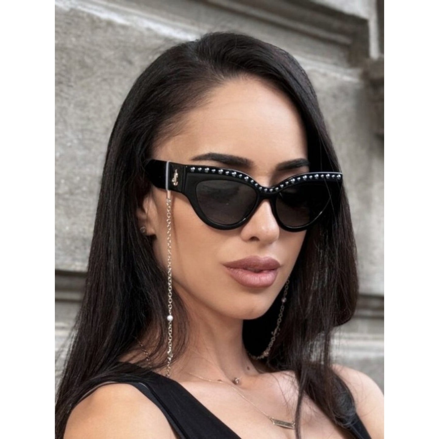 New Jimmy Choo SONJA/G/S Black Cat-Eye Sunglasses with Crystal Stud Trim