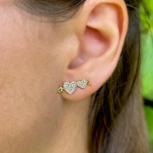 Arrow hearts ear studs with CZ - 14K Gold plated