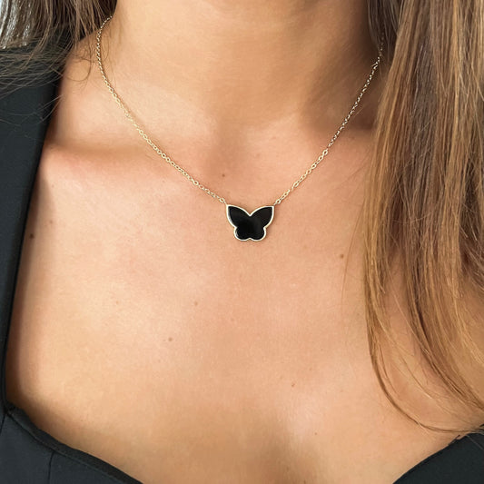 Butterfly necklace Gold plated with black stone