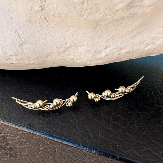 Wing ear climbers with gold beads - 14k Gold
