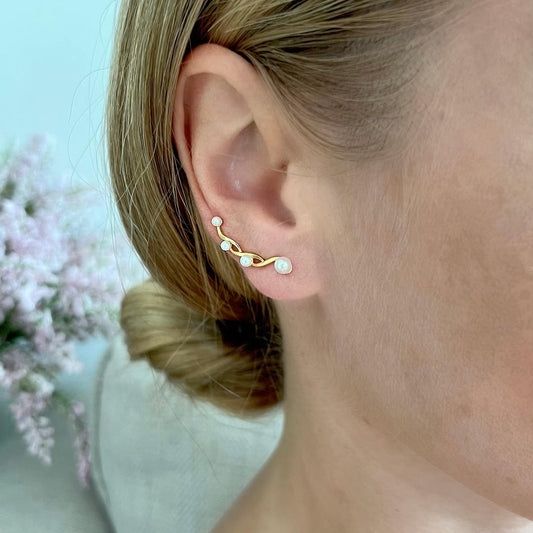 Pendientes trepadores infinito oro perla con diamantes simulados - Plata de ley 925
