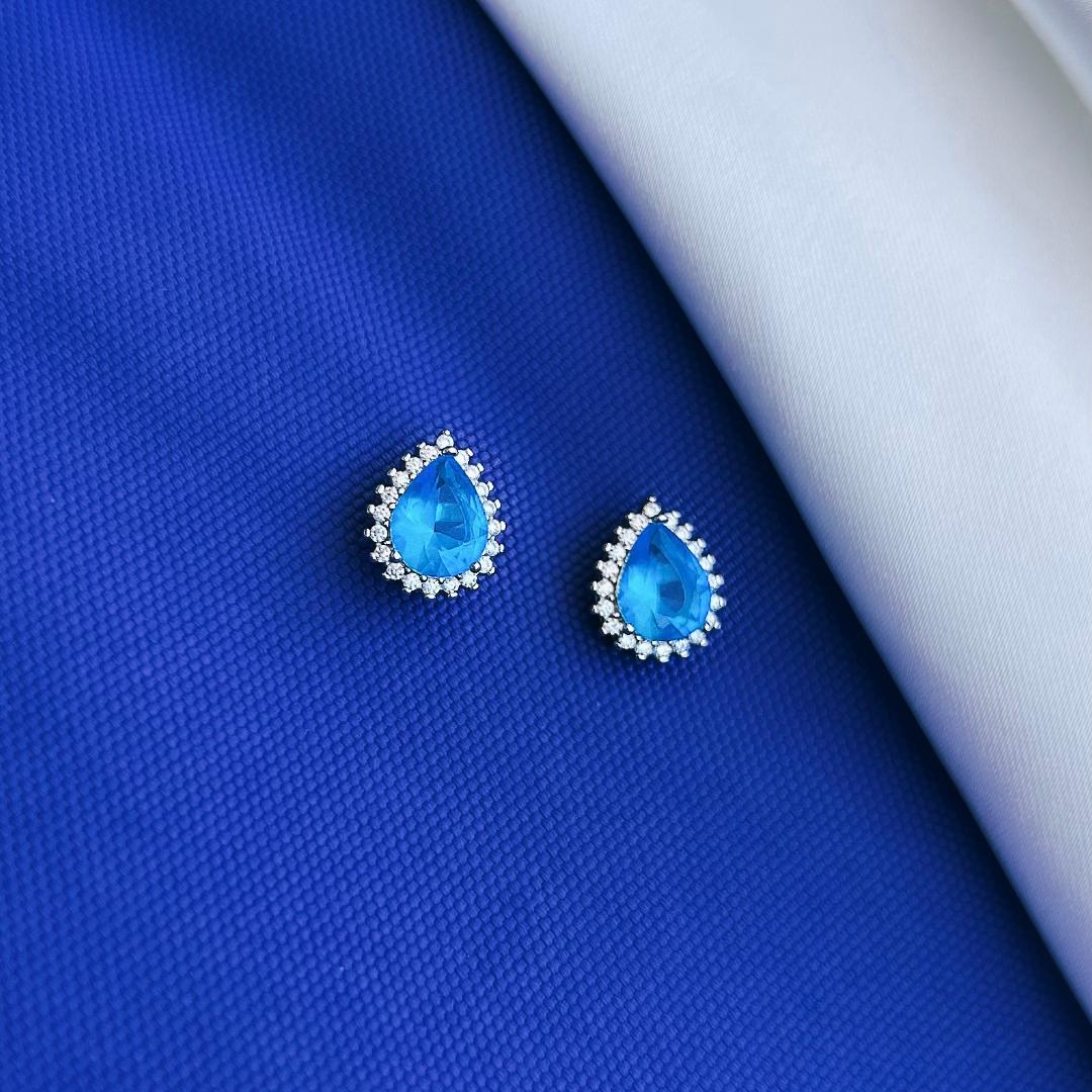 Pear bridal stud earrings with CZ and blue sapphire - Sterling Silver 925