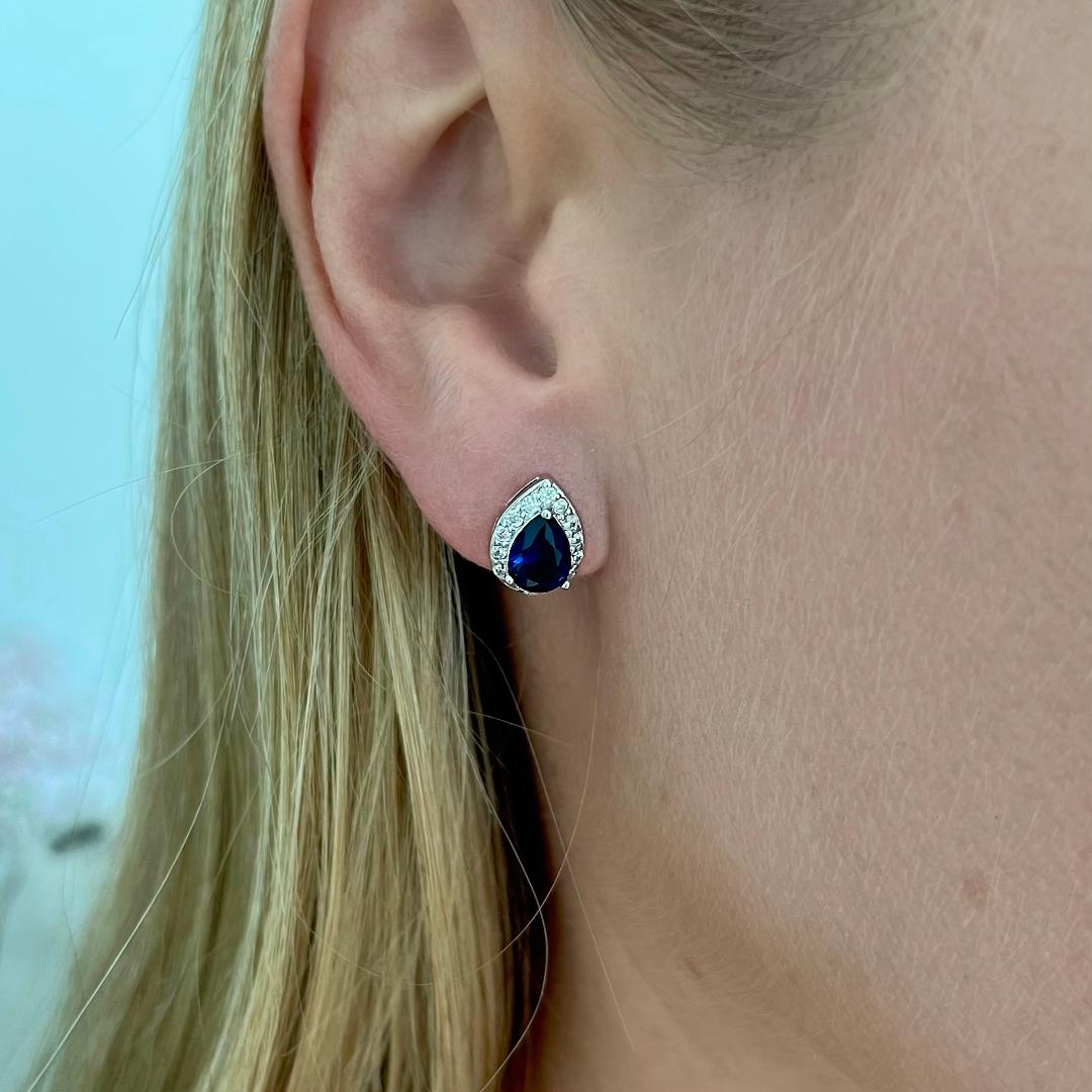 Pendientes de novia de pera con circonitas y topacio azul - Plata de ley 925